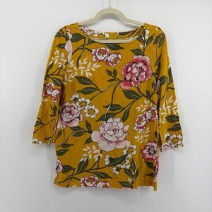 LOFT Outlet Mustard Yellow Floral Peony 3/4 Sleeve Slub Knit Boat Neck Top Small